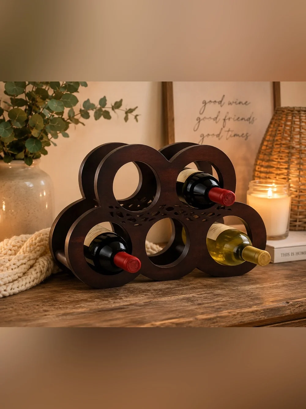 Decorative Dark Wood 5-Bottle Wine Rack Freestanding Tabletop Wine Holder -India